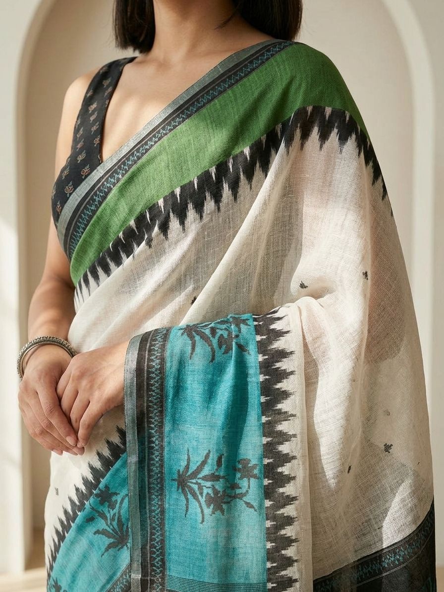 Geometric Kota Linen Off-White saree
