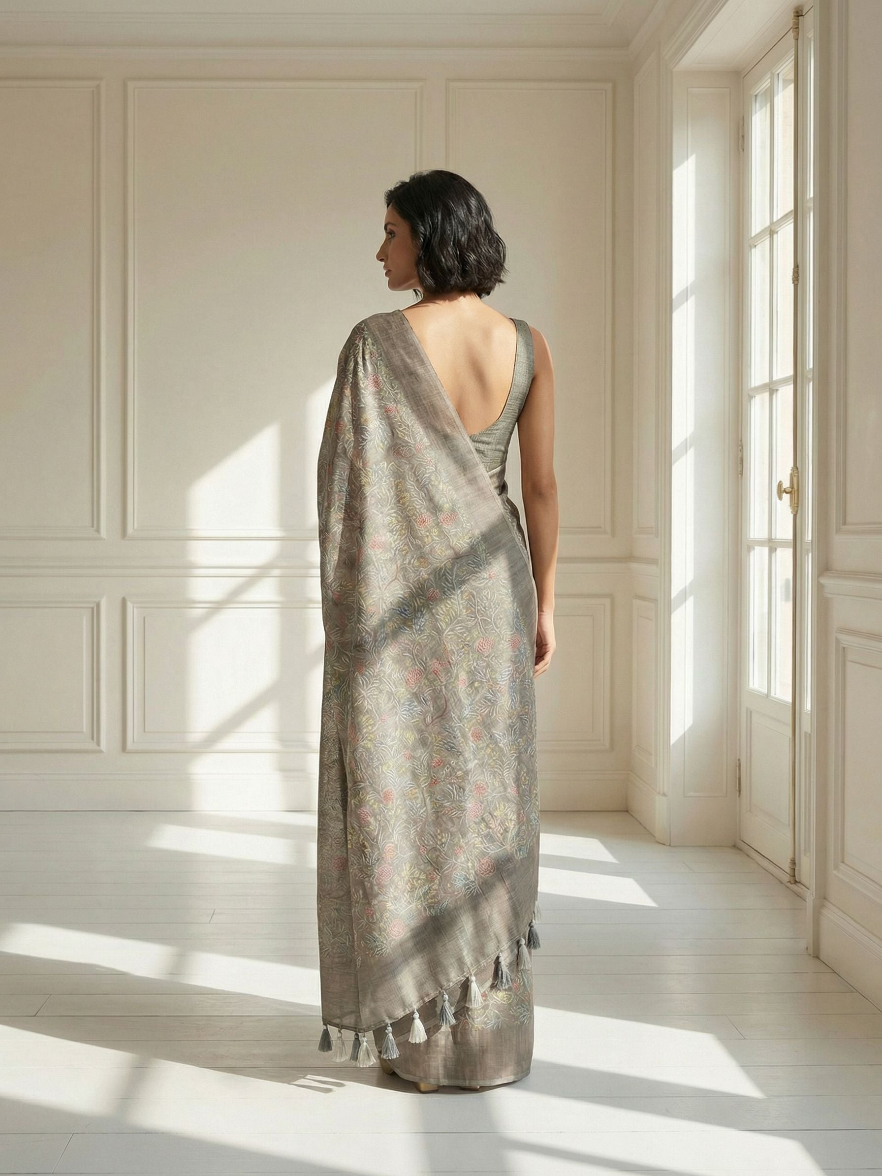Leafy Grey Saree