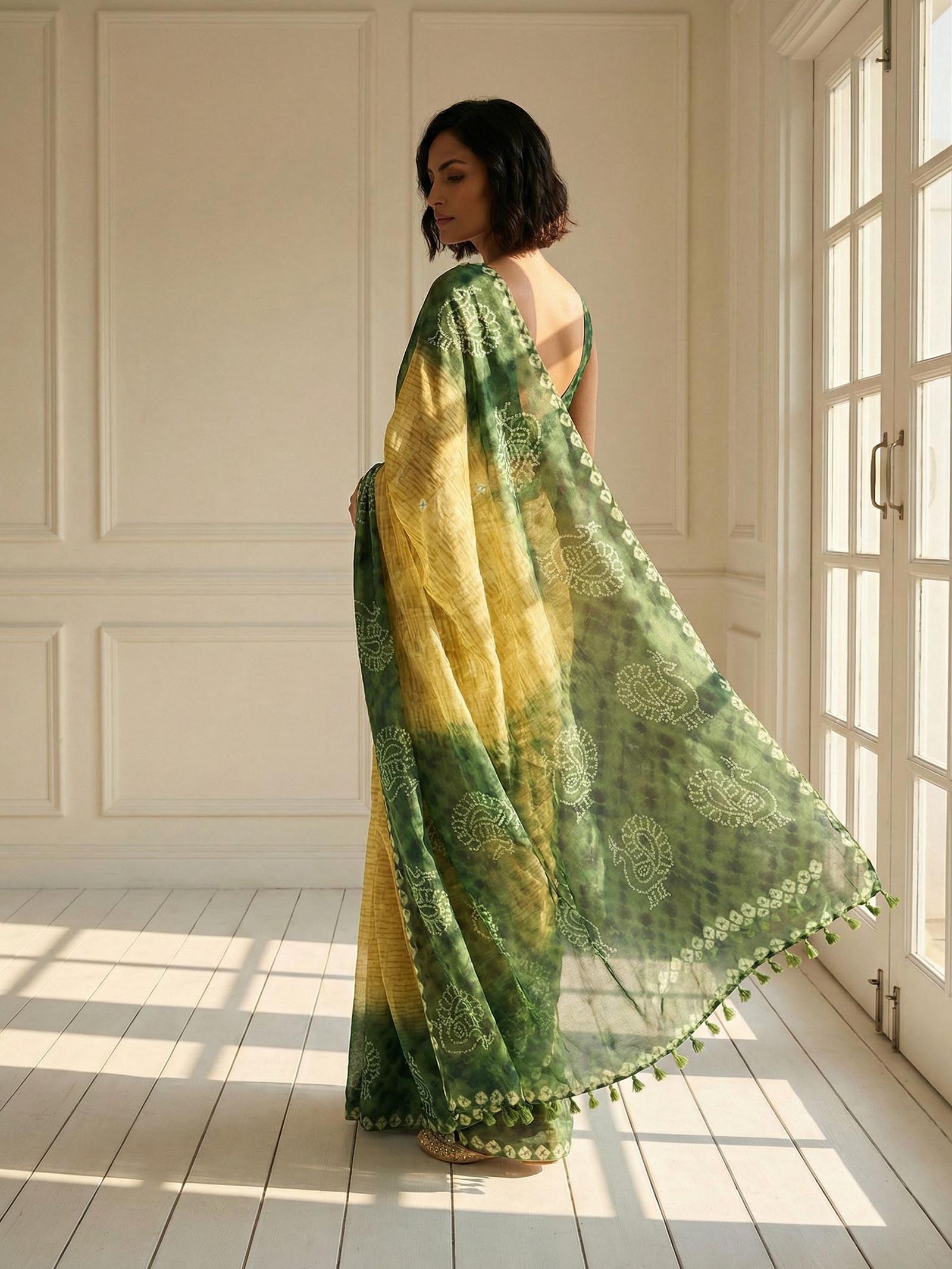 Yellow and Green Peacock Saree