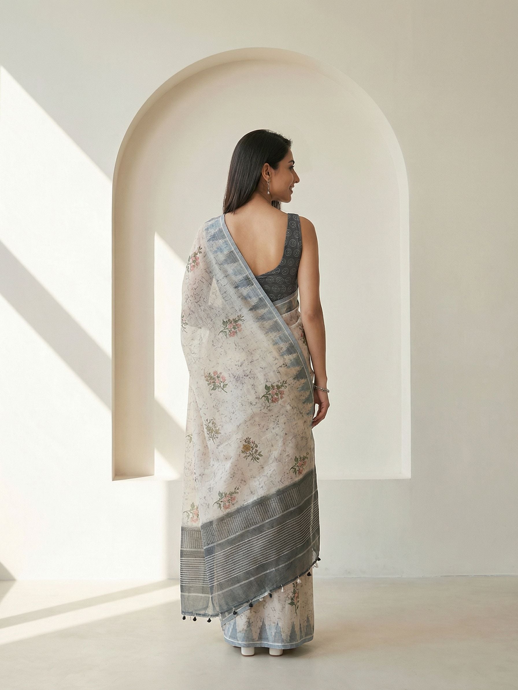 Floral Kota Linen Grey saree