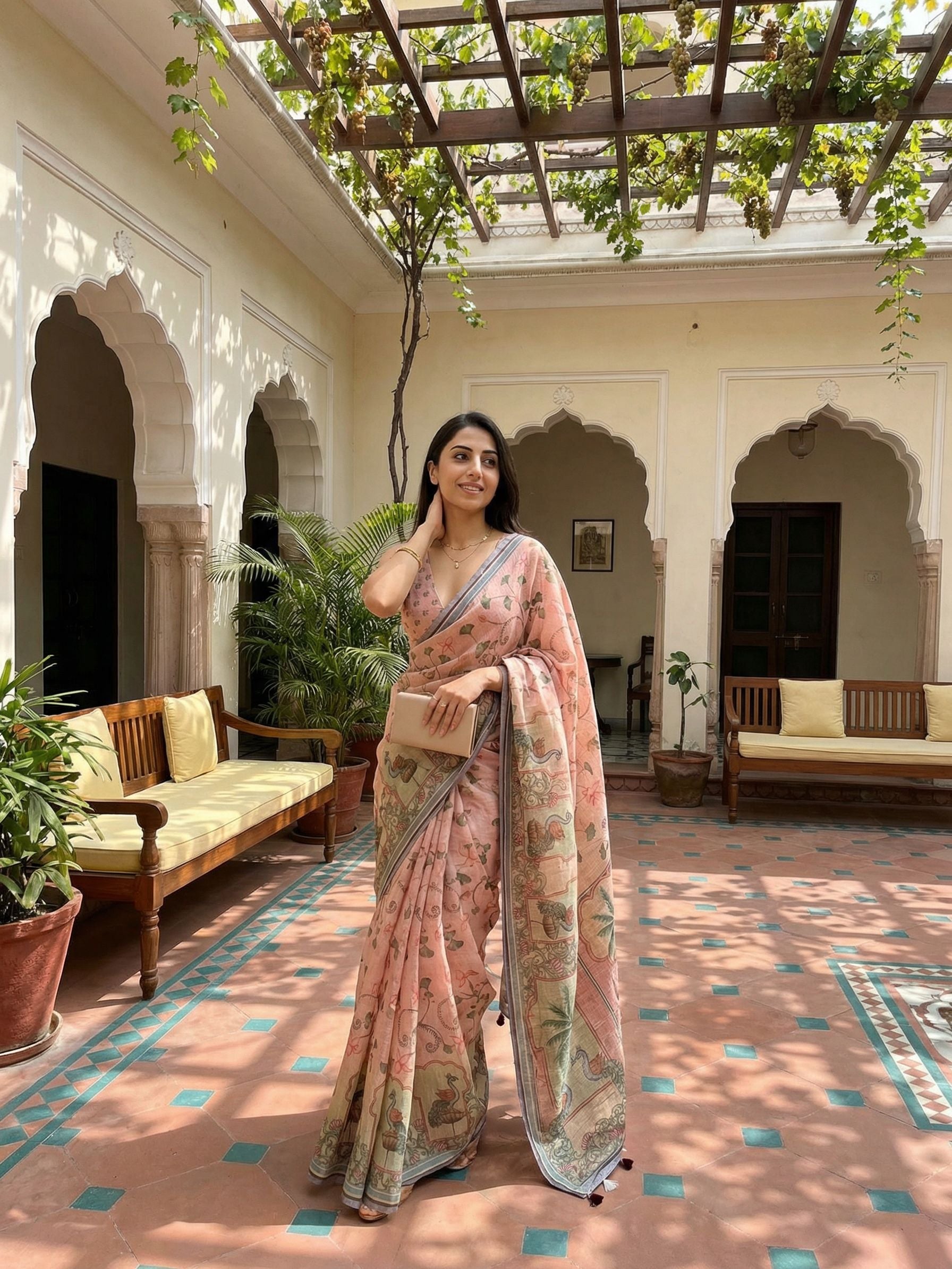Ethnic Motifs Kota Linen Peach saree