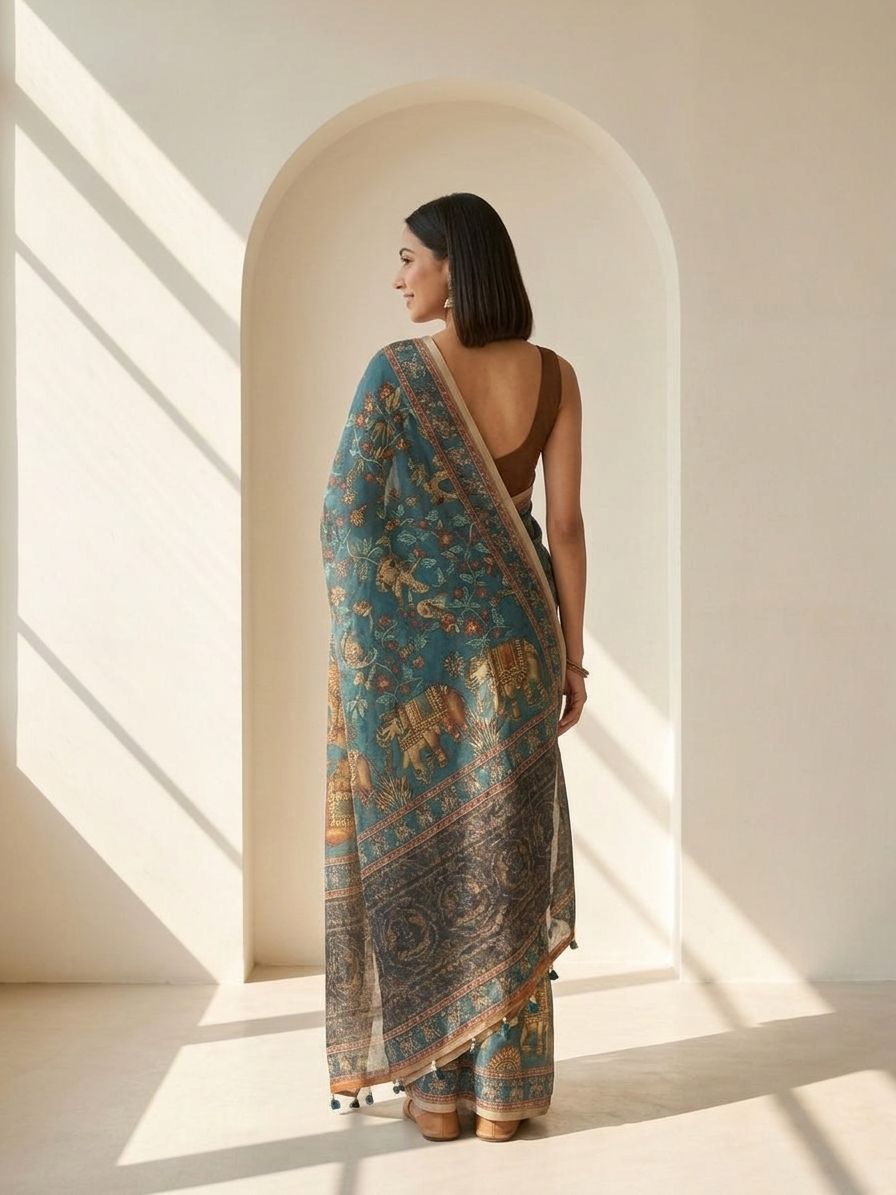 Kalamkari Kota Linen Blue saree
