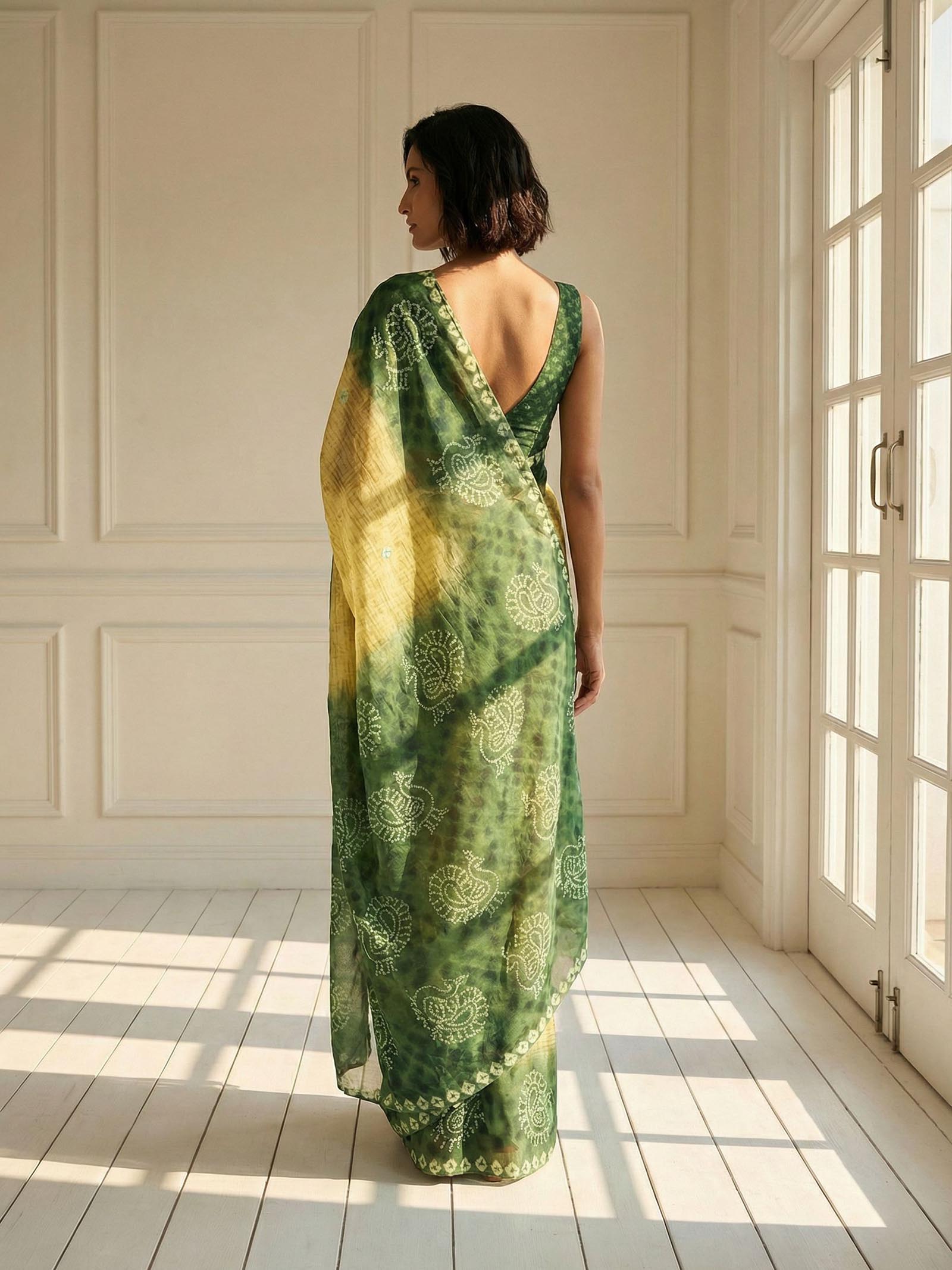 Yellow and Green Peacock Saree