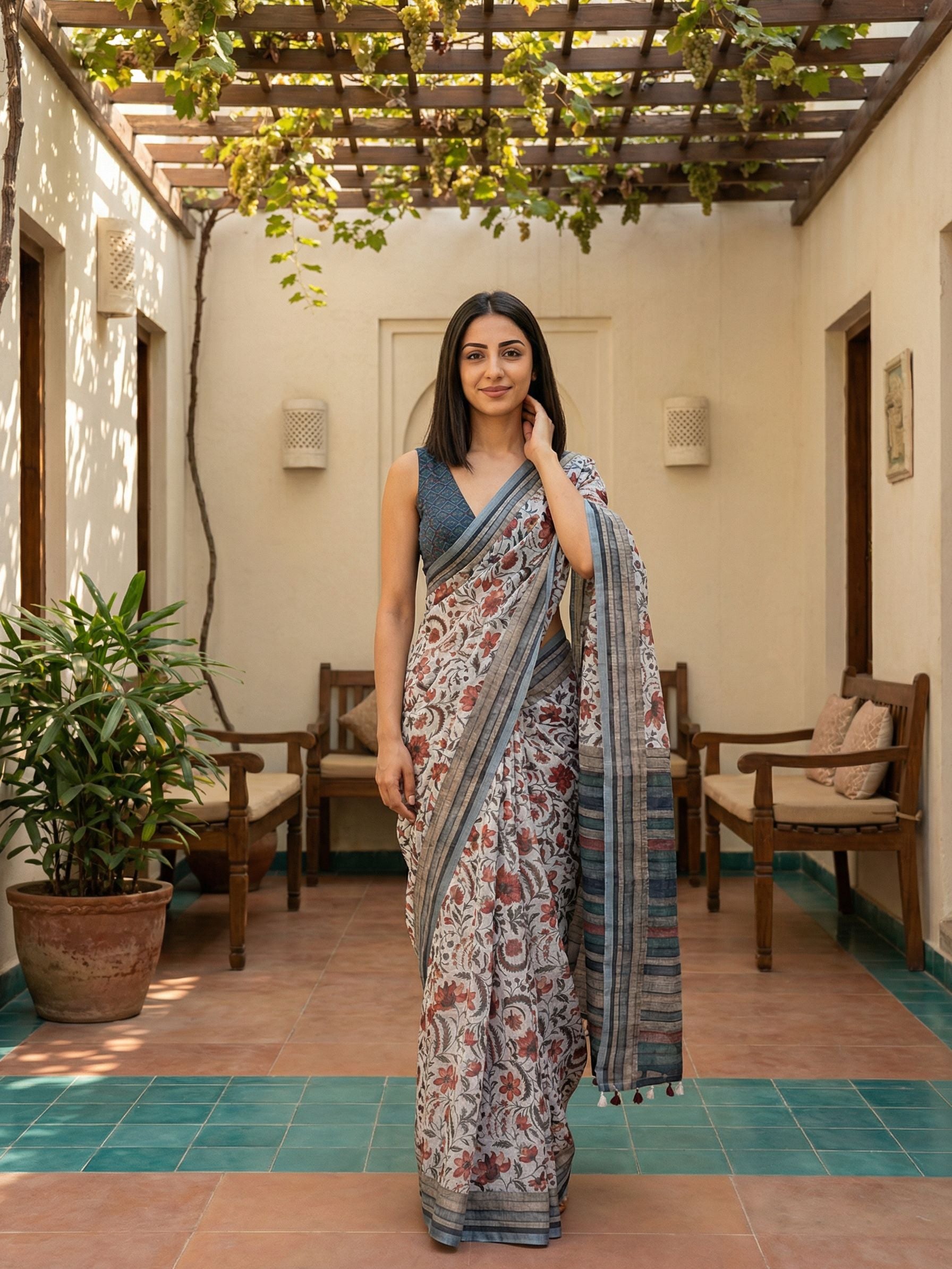 Floral Kota Linen Off-White saree