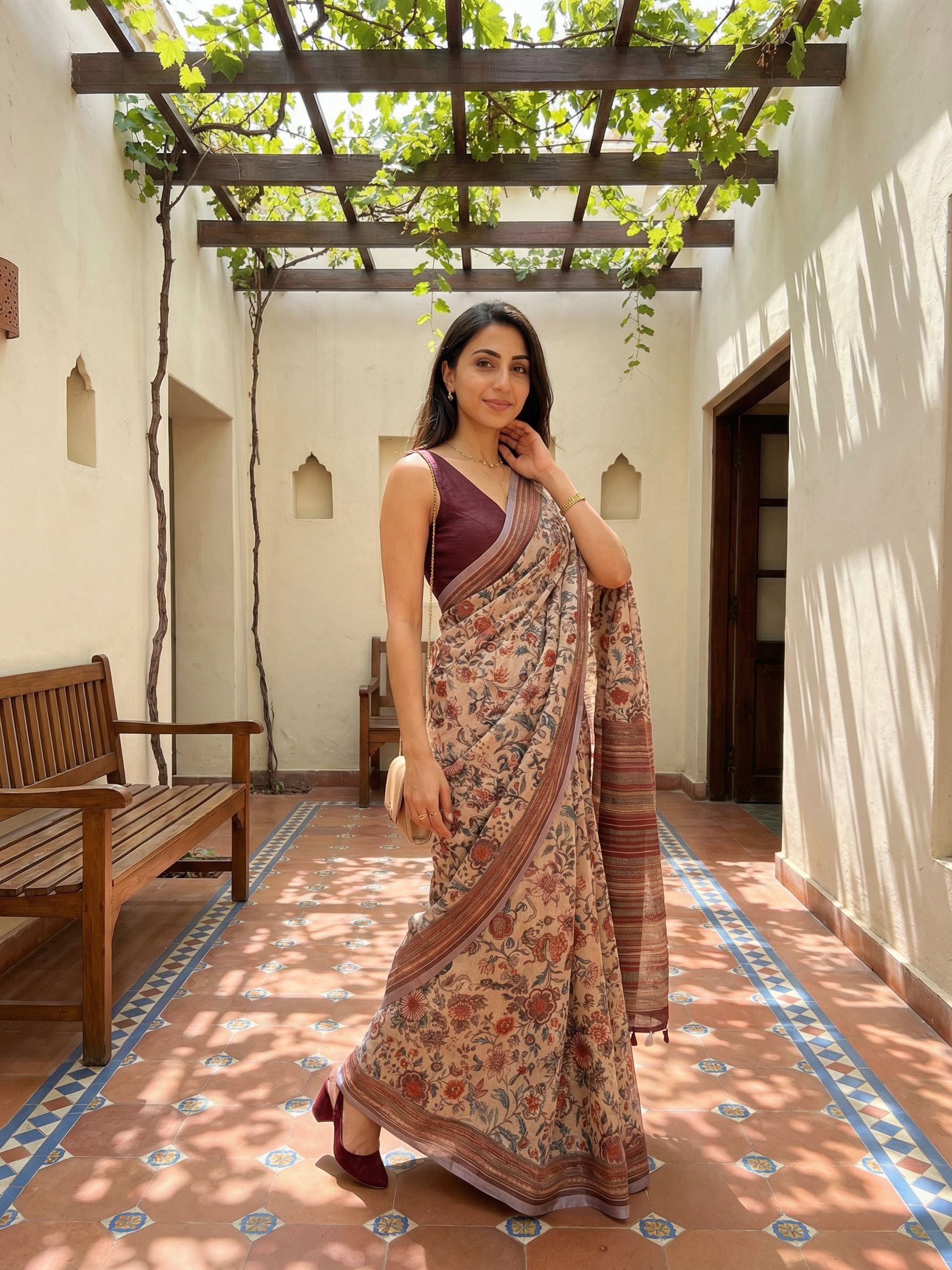 Floral Kota Linen Beige saree